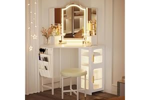 LVSOMT Tocador de Esquina maquillaje con luz, LED Tocadores maquillaje con espejo & taburete, Tocador con función de carga USB, Tocadores de dormitorio con 4 cajones, Tocador moderno de madera, Blanco