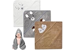 VAIGU:OA 3 Stücke Kapuzenhandtuch Baby - 80 x 80cm Baby Handtuch Kapuze Niedliches Handtücher mit Kapuze Kapuzenhandtuch Babys Weich & Super Saugfähig für Babys Neugeborene Kinds Handtücher (Weiß, Braun, Grau)