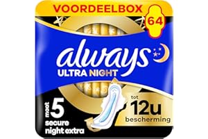 Always Ultra Serviettes Hygiéniques, Taille 5, Extra Secure Night, 64 Serviettes Avec Ailettes, Flux Très Abondants Nuit, Format Eco, Max Confort, Super Absorbantes et Ultra Fines