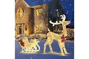 GOPLUS Renne Traîneau Noel LED avec 170 Lumières Blanc Chaud, Decoration Noel Exterieur Lumineuse, Rubans Rouges, Attaches de Câble et Piquets de Sol, pour Pelouse, Jardin