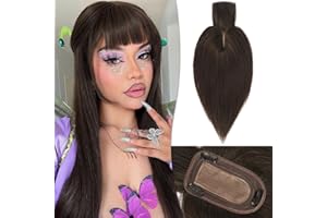 RUWISS Coiffeuse en cheveux humains avec franges Coiffeuse à couronne Postiches pour femmes perruque courte 7.5 * 13CM Base en soie 100% de vrais cheveux humains Clip in Topper 35cm 45g（Marron foncé）