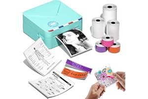 Phomemo M02S Mini drukarka termiczna 300 DPI z 6 rolkami etykiet, kompatybilna z papierem 15, 25, 53 mm, idealna do nauki, scrapbookingu, zdjęć, prezentów (zielona)