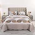 Qucover Brown Quilted Bedspread Super King Size, Soft Microfiber Vintage Patchwork Bed Spreads Flower Pattern Lightweight Bedspreads Coverlet Set with Pillow Shams, 250 * 270 cm