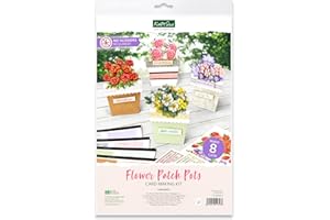 Katy Sue Designs Flower Patch Pots Card Making Kit. 8 Cards, 8 Envelopes, 3 Die Cut Decoupage Paper Sheets, Adhesive Pads, & 2 Sheets of Birthday Sentiment Banners for Card Making Supplies