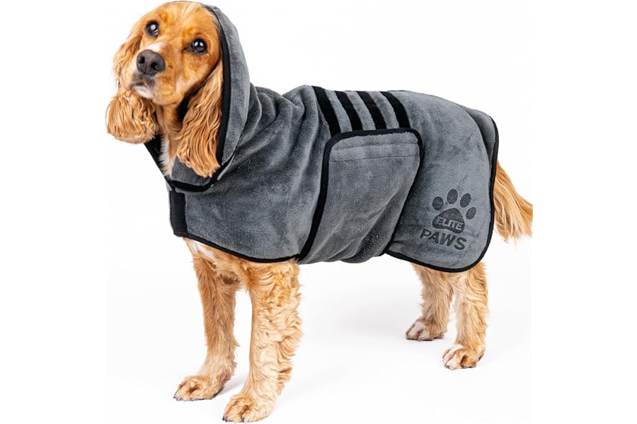 Elite Paws® UK: Luxury Dog Drying Coat, Thicker & Softer Than Most Bath Robes, Dries Pets in About 20-30 Mins, Super Absorbent Microfibre, Limits Mess, Covers Ears, All-Season Dressing Gown Towel, M