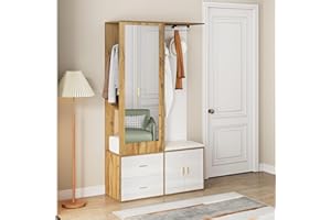 ModernLuxe Garderoben-Set Wandgarderobe Garderobenpaneel in Weiß- und Holzfarben mit Spiegel, Schuhregal, Schuhbank mit Haken und ausziehbarer Kleiderstange, Platzsparendes Design für den Flur