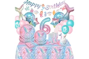 Komicea Zestaw talerzy i kubków na przyjęcia urodzinowe, 6 lat dekoracje urodzinowe syrenka, 103 szt. zastawa stołowa na przyjęcia urodzinowe, 6 lat, zestaw urodzinowy dla dziewczynki (16 gości)