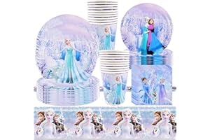 Runup 81 pièces de vaisselle de fête Anniversaire Reine des neiges, Décoration Anniversaire Reine des neiges, accessoires de fête d'anniversaire Frozen y compris assiettes, tasses, serviettes, nappe