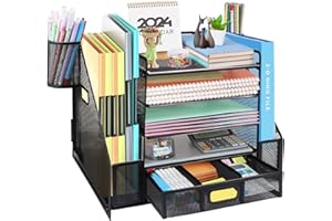 HMXLJJY Mesh Desk Organizer with File Holder, 5-Tier Paper Letter Tray Organizer with Magazine Holder, Desktop Organizer and Storage for Office Supplies Home or School, Black