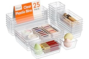 Lifewit 25pcs Drawer Organiser Set, Clear Makeup Trays Plastic, Desk Drawer Dividers Dresser Storage Bins Separation Box for Bathroom, Office, Cosmetic, Jewelries and Gadgets, Bedroom