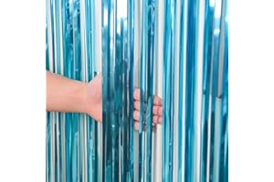 Kioneer Metallic Tinsel Curtains Light Blue 5 Packs 3 ft x 10 ft, Foil Fringe Curtains for Photo Backdrop Door Wall Hanging Window Curtain Party Office Decoration