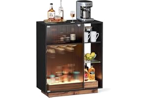 VASAGLE Meuble Bar à Vin avec Éclairage, Buffet avec LED, Rangement pour Vin, Meuble de Bar pour Spiritueux, avec Porte-Verre, Porte en Verre Cannelé, pour Salon, Noir Boisé BBK361B21
