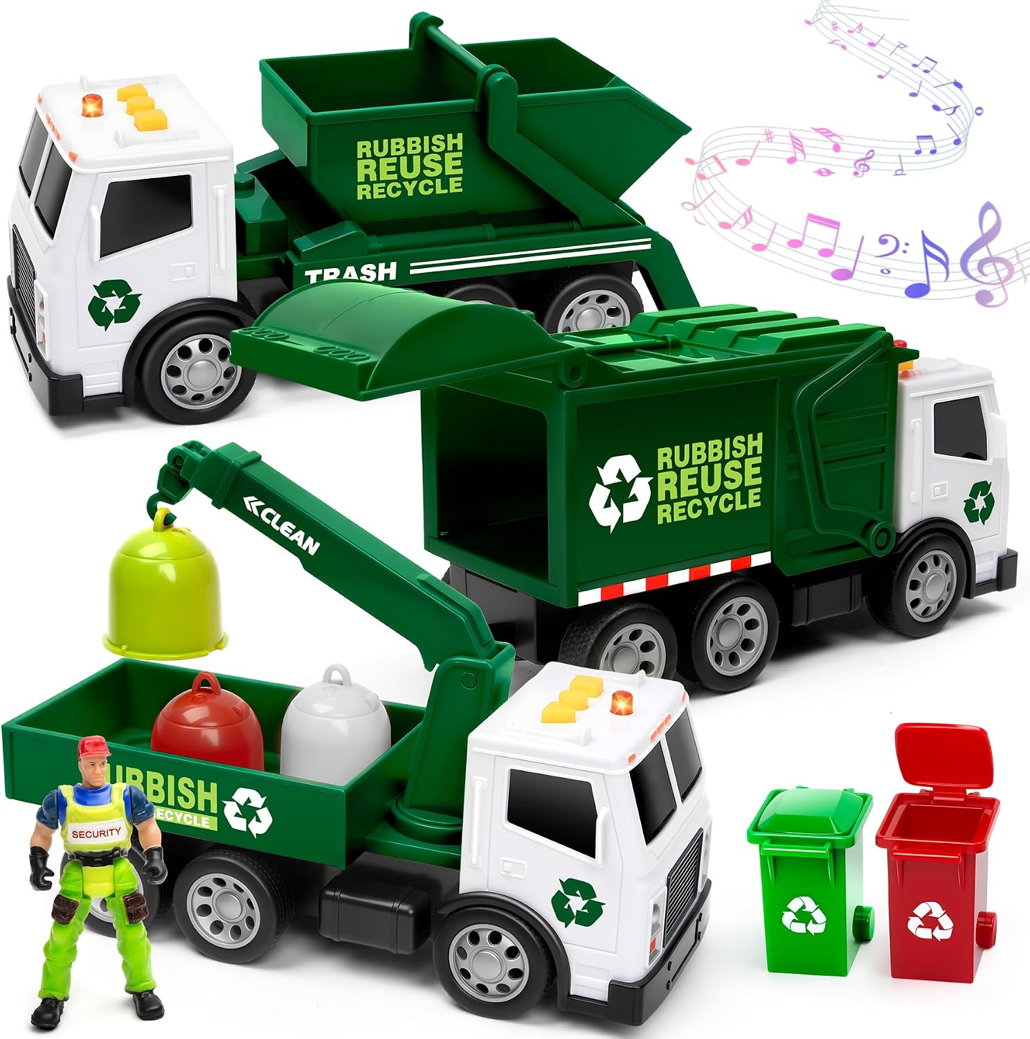 BunnyJOY Camión de Basura Juguete para Niños, Camiones de Juguete Set de 3 Vehículos con Luz y Sonido, Camión Reciclaje, Camión Grúa y Volquete, Juegos de rol, Regalo para Niños 3+ Años, Verde