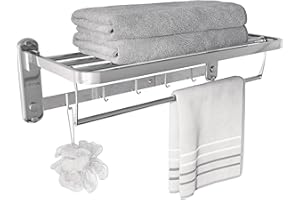 Eridanus Estante de Toallas, Toallero Doble Plegable de Acero Inoxidable de Pared, Estantería de Almacenamiento para Baño con Barras y Ganchos(60x19x24cm)