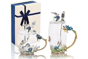 GeeWaa Emaliowany szklany kubek z kwiatami i motylami, do kawy, z łyżeczkami i pokrywkami, zestaw 2 szt., prezent dla kobiety, mamy, babci, dziewczyny, siostry, na Boże Narodzenie, urodziny, niebieski