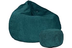 rucomfy Beanbags Slouchbag Large Corduroy Bean Bag Chair - Adult Bean Bag with Filling - Home Furniture Seating for Living Room or Bedroom - Machine Washable - 80 x 110cm (Teal, with Footstool)
