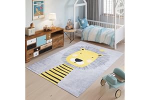 TAPISO Emma Alfombra Antideslizante de Habitación Infantil Juvenil Dormitorio de Niño Bebé Diseño Moderno León Gris Amarillo Patrón Impreso Sin Pelo Suave 120 x 170 cm