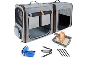 Lekeinchi 2-in-1 Hundebox Transportbox Katze für Mittelgroßes Haustier, Faltbare Katzentransportbox mit Starker Faserrahmen, Katzentoilette, 2 Schalen, 2 Haustiermatte, Medium, Grau