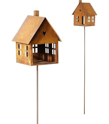 Vogelhaus Mit Beleuchtung & Edelrost-Stab - Höhe 120 Cm, Metall - Für Garten & Terrasse