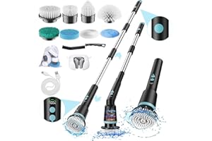 KIMEETOL Cordless Electric Spin Scrubber with Remote Control Handle, Upgraded IPX7 Waterproof Cleaning Brush with 8 Replaceable Brush Heads and,Power Scrubber for Cleaning Bathroom, Shower, Tub, Floor(Black)