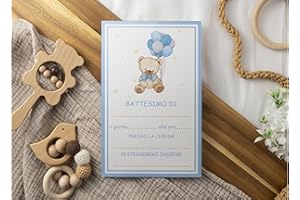 PRINTSERVIS Bigliettini Inviti per Festa di Battesimo bimbo/bimba 20 pezzi, facili da compilare con Nome e Data Stampati su cartoncino 300g/m formato 95x150mm (Orsetto Azzurro)