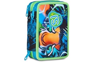 SJ GANG STYLE JAM GANG Astuccio Scuola 3 Zip Air Tiger, Blu, Portapenne Triplo Scomparto Completo Di Penne, Matite, Colori, Accessori Zaino, Scuola Elementare, Bambino