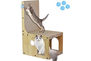 HAPHOME Deska do drapania dla kotów z domkiem dla kotów, tektura – 65 cm wysokości, podkładka do drapania w kształcie litery L, z 4 zabawkami z piłkami, deska do drapania dla kotów, do wnętrz jako ochrona