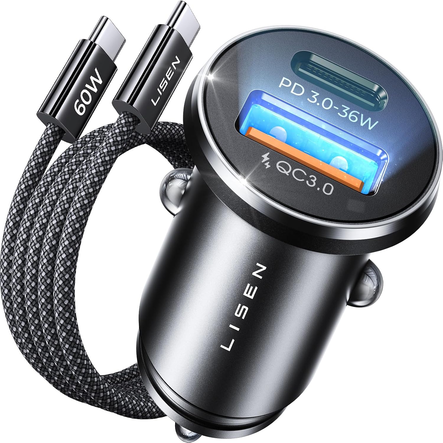 LISEN Car Phone Charger USB C 54W 12V USB Socket [USBC 36W+QC18W] With 60W USB C Cable Car Charger Fast Charge Cigarette Lighter USB Charger Car Accessories for Men for iPhone 17 Pro Max Samsung S25