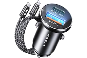LISEN Car Charger Adapter USB C 54W 12V USB Socket [USBC 36W+QC18W] 60W USB C Cable PD3.0 iPhone 17 Car Phone Charger Cigarette Lighter USB Charger for iPhone 17 Pro Max Samsung S25 Car Accessories