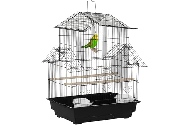 PawHut Cage à Oiseaux Design Maison mangeoires perchoirs 3 Portes Plateau excrément Amovible + poignée Transport 50,5 x 41 x 63 cm Noir
