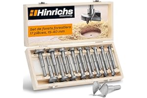 Hinrichs Kit de Mèches Forestières 17 Pièces en Coffret en Bois - Kit de Mèches Forstner 15 à 40 mm - Fraiser Mèches à Bois - Meches à Trous pour Branches