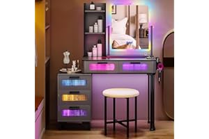Gurexl RGB Dressing Table with Wireless Charging Station, LED Vanity Make up with USB Ports, 7 Dynamic and 7 Static Dimmable Vanity Table Set with 5 Drawers&Chair, Modern Make Up Vanity Grey