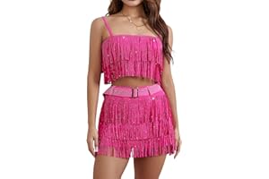 Achlibe Women Sparkly Mini Cami Top Fringe Skirt 2 Piece Outfit Flowy Sequin Tassels Waistless Set with Belt