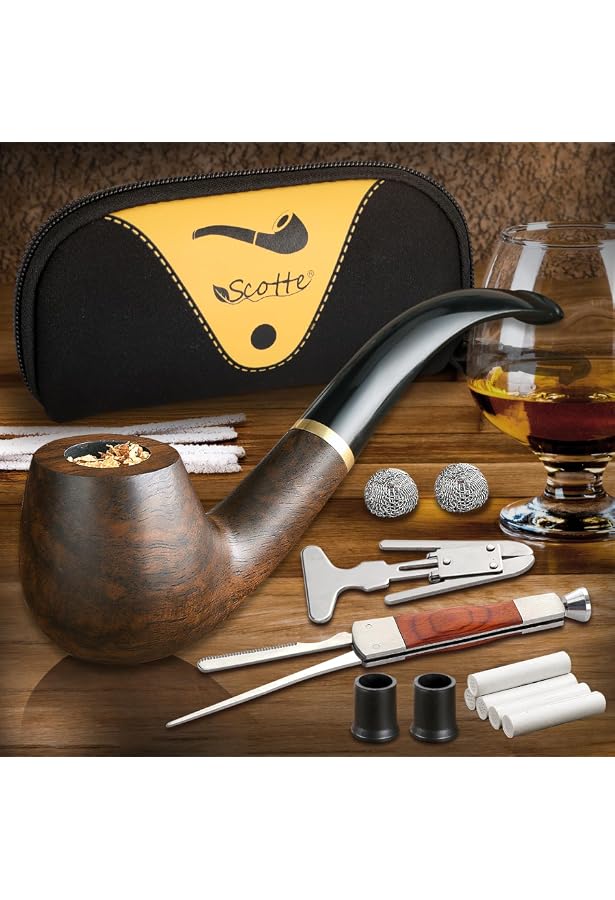 Set Fumeur Feelglad - Pipe Bois Ébène + 4 Accessoires (Racloir, Filtres Charbon, Cure-Pipes, Boule Métal)