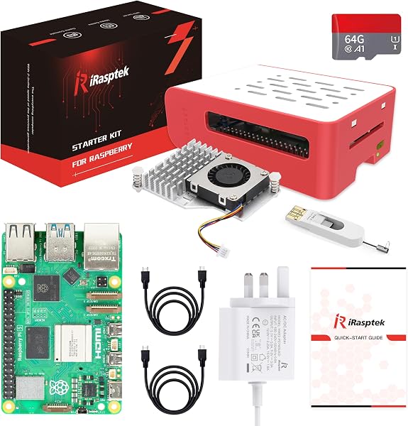 iRasptek Starter Kit for Raspberry Pi 5 RAM 8GB - 64GB Edition of OS-Bookworm Pre-Loaded (Red&White Case) - 1