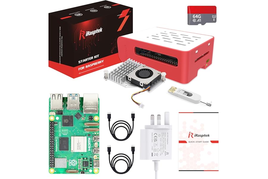 iRasptek Raspberry Pi 5 8GB Starter Kit - 64GB Edition of OS-Bookworm Pre-installed(Red&White Case)