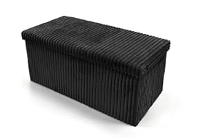 La Maison Large Corduroy Ottoman Foldaway Storage Blanket Toy Box Bench Pouffe Footstool Ottoman (Black, 76cm x 38cm)
