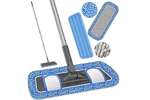 MYSPRI Microfibre Mops for Cleaning Floors - Flat Floor Mop with 2 Washable Pads Wet Dry Dust Sweeper for Hard Wood Laminate Tile Vinyl Surfaces Walls - 150cm Long Adjustable Handle