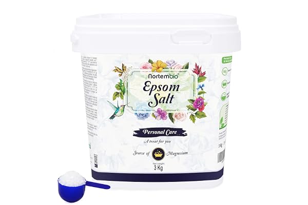 Nortembio Sels d’Epsom 100% Purs 3 kg – Source Concentrée de Magnésium | Pour Peaux Sensibles | Avec Vitamines C et E Hydratantes | Sans Additifs, Usage Externe Naturel + eBook Gratuit