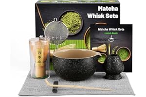 DULEIAU RAVFD Matcha Kit (7pcs), Juego de té japonés, Batidora de Matcha de Bambú, Cuenco de Matcha, Cuchara, Colador, Portacucharas, Soporte para la Batidora,Kit de Ceremonia Matcha -Negro Speckled