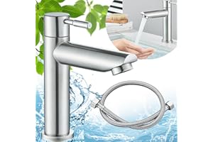 Begpoee Grifo Lavabo, Grifo Monomando para Baño, Grifo De Lavabo De Acero Inoxidable, Grifos De Lavabo De Ahorro De Agua De Acero Inoxidable, Con Manguera De 60cm, Para Baños y Cocinas(Plata)