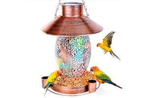 Blanlody Mangiatoia per uccelli in metallo, mangiatoia per uccelli, lampade solari Bird Feeder da appendere, stazioni per uccelli selvatici, vetro a mosaico, da appendere, impermeabile