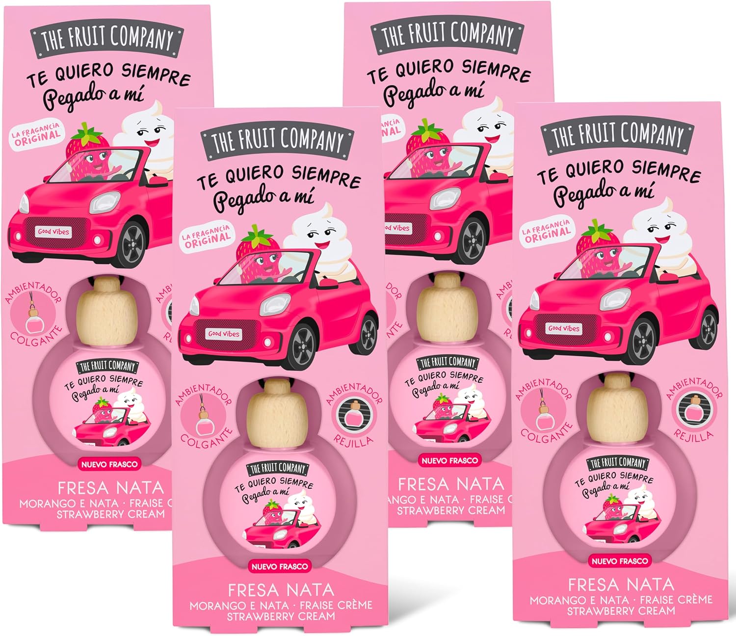 The Fruit Company - Ambientador de coche con Absorbe olores, aroma frutal FRESA NATA, Pack de 4 unidades