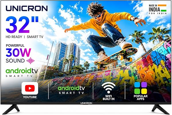UNICRON TE 32 Inch Android Smart TV, HD Ready LED Television with WiFi, 30W Sound with in Built Speaker & IPS Bright Display, Apps Compatible (Netflix, Prime)