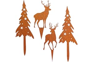 JYUECIAN Roststecker Tannenbaum und Hirsch Weihnachtsdeko 4 Stück Rost Gartenstecker Weihnachtsbäume Rentier Weihnachten Deko Draußen Herbstdeko Outdoor