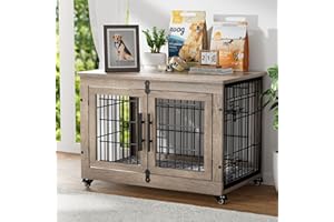 GIKPAL Hundebox für Zuhause mit Kissen, Hundehütte Hundehaus für Drinnen mit Doppeltüren und Rädern, Moderne Hundehaus für Klein, Mittlere Hunde bis zu 45 lb, 83x56x64cm, Grau