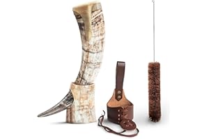 Norse Tradesman - Cuerno de buey vikingo (30 cm, con soporte de cuerno y adornos de lobo de latón) | Bolsa de regalo de arpillera incluida | The Classic, Brut, 30 cm