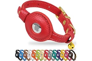 OOPSDOGGY Cat Collar with Bell for AirTag - Non Breakaway Leather Kitten Collar with Apple Air Tag Holder - Lightweight Integrated GPS Pet Collars for Girl Boy Cats, Small Dogs, Puppies (Red)