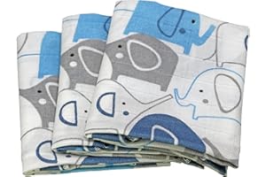 CLEVERE KIDS BABY-COLLECTION Clevere Kids Lot de 3 Langes en Mousseline, 35x35 cm, certifiés Oeko-Tex, 100% Coton (Eléphants Bleus)