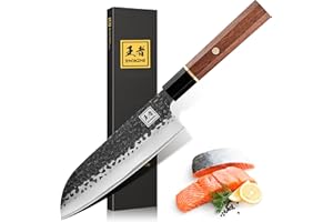 ENOKING Coltelli da Cucina Professionali 17.8cm, Coltello Cucina Santoku 9CR18MOV in Acciaio Rivestito per Tagliare Carne di Verdure, Coltelli Giapponesi Super Affilati con Manico in Palissandro